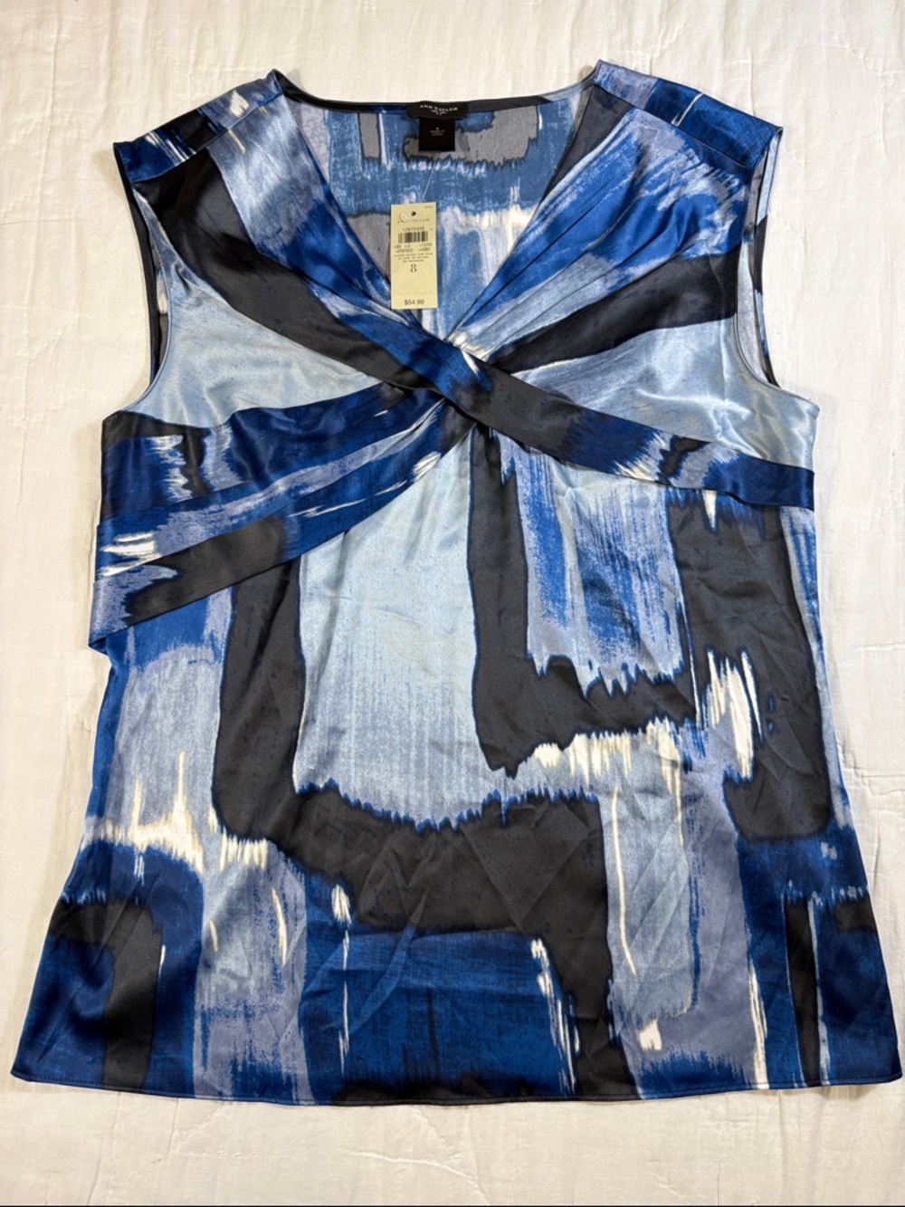 NWT Ann Taylor Blue Abstract Watercolor Twist Front Sleeveless Satin Blouse Sz 8